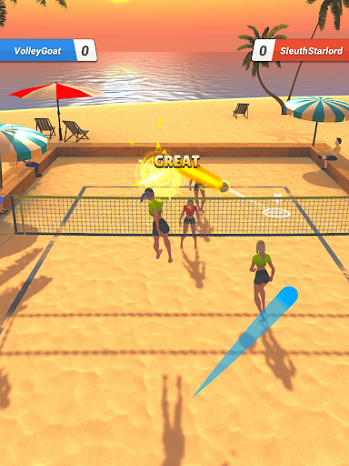 A thrilling slow-motion volleyball game on a mobile device, capturing the excitement and strategic gameplay of Twin Volley.