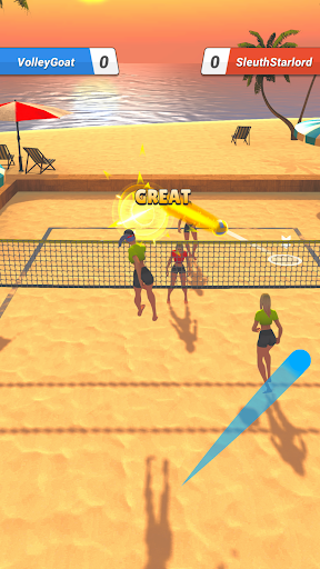 A thrilling slow-motion volleyball game on a mobile device, capturing the excitement and strategic gameplay of Twin Volley.