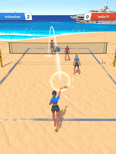 A thrilling slow-motion volleyball game on a mobile device, capturing the excitement and strategic gameplay of Twin Volley.