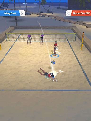 A thrilling slow-motion volleyball game on a mobile device, capturing the excitement and strategic gameplay of Twin Volley.