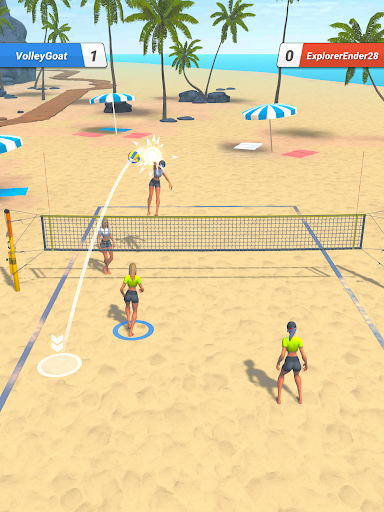 A thrilling slow-motion volleyball game on a mobile device, capturing the excitement and strategic gameplay of Twin Volley.