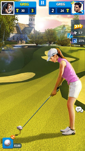 A golfer triumphantly raising a club on a sunny, picturesque golf course, symbolizing the joy and excitement of playing Golf Master 3D.