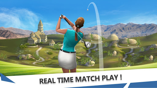 A golfer triumphantly raising a club on a sunny, picturesque golf course, symbolizing the joy and excitement of playing Golf Master 3D.