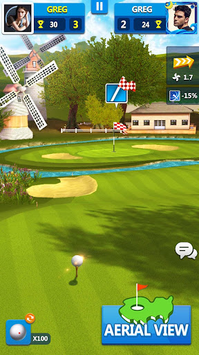 A golfer triumphantly raising a club on a sunny, picturesque golf course, symbolizing the joy and excitement of playing Golf Master 3D.