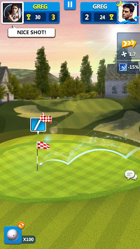 A golfer triumphantly raising a club on a sunny, picturesque golf course, symbolizing the joy and excitement of playing Golf Master 3D.