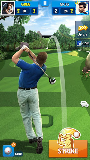 A golfer triumphantly raising a club on a sunny, picturesque golf course, symbolizing the joy and excitement of playing Golf Master 3D.