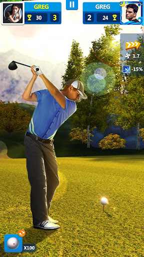 A golfer triumphantly raising a club on a sunny, picturesque golf course, symbolizing the joy and excitement of playing Golf Master 3D.