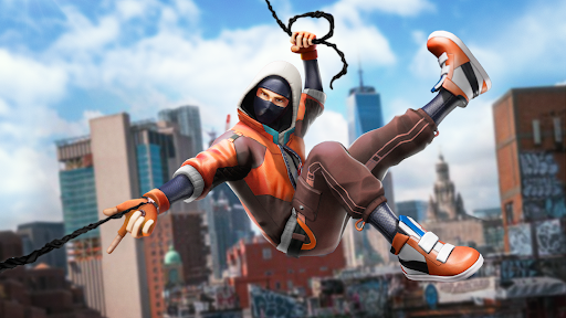 A superhero swinging across a vibrant city skyline, embodying adventure and heroism.