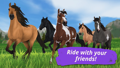 A joyful player riding a majestic horse through an enchanting, lush landscape, capturing the essence of adventure and exploration in a magical world.