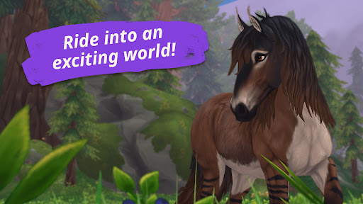 A joyful player riding a majestic horse through an enchanting, lush landscape, capturing the essence of adventure and exploration in a magical world.