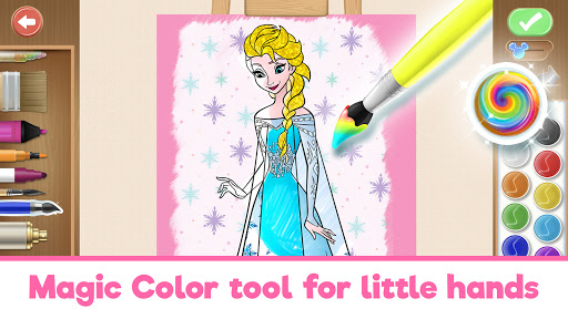 A child joyfully coloring a magical scene featuring Disney princesses, capturing the essence of creativity and imagination in a vibrant and enchanting world.