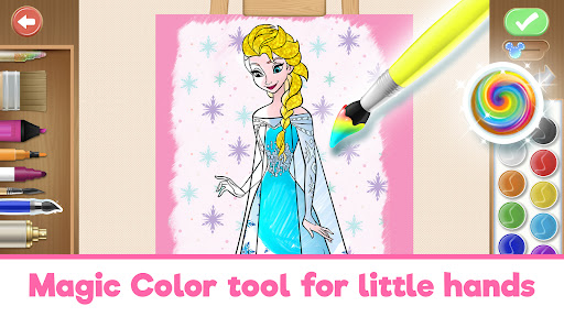 A child joyfully coloring a magical scene featuring Disney princesses, capturing the essence of creativity and imagination in a vibrant and enchanting world.