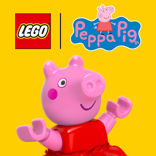 A child joyfully interacting with digital LEGO blocks and Peppa Pig characters on a tablet, symbolizing a fun and educational experience.