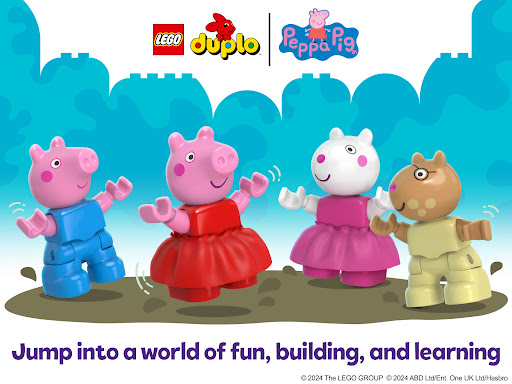 A child joyfully interacting with digital LEGO blocks and Peppa Pig characters on a tablet, symbolizing a fun and educational experience.