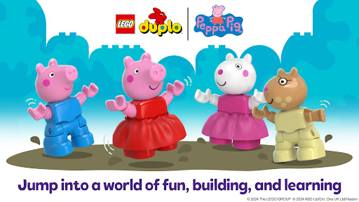 A child joyfully interacting with digital LEGO blocks and Peppa Pig characters on a tablet, symbolizing a fun and educational experience.