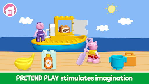 A child joyfully interacting with digital LEGO blocks and Peppa Pig characters on a tablet, symbolizing a fun and educational experience.