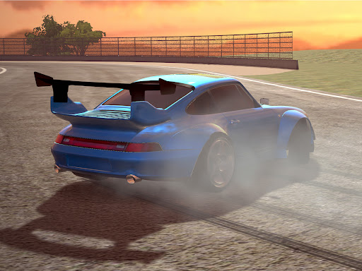 A thrilling race car drifting around a sharp corner with screeching tires, symbolizing the adrenaline and excitement of the Drift Hunters mobile game.