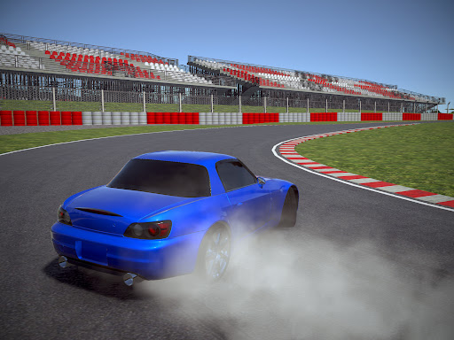 A thrilling race car drifting around a sharp corner with screeching tires, symbolizing the adrenaline and excitement of the Drift Hunters mobile game.