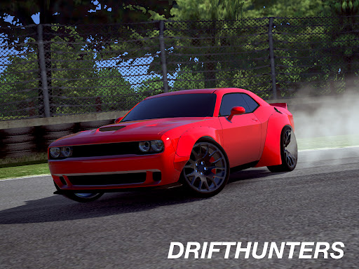 A thrilling race car drifting around a sharp corner with screeching tires, symbolizing the adrenaline and excitement of the Drift Hunters mobile game.