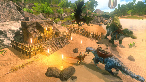 A thrilling image showing a player in ARK: Survival Evolved Mobile, surrounded by dinosaurs, evoking adventure and survival.