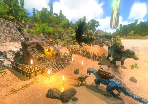 A thrilling image showing a player in ARK: Survival Evolved Mobile, surrounded by dinosaurs, evoking adventure and survival.