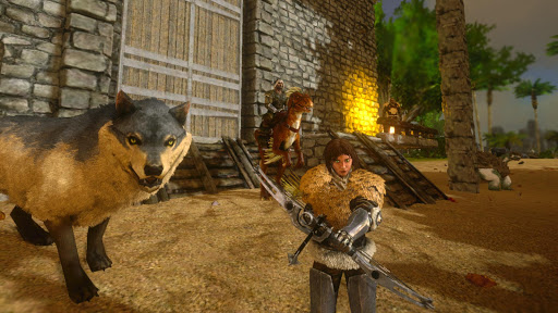 A thrilling image showing a player in ARK: Survival Evolved Mobile, surrounded by dinosaurs, evoking adventure and survival.