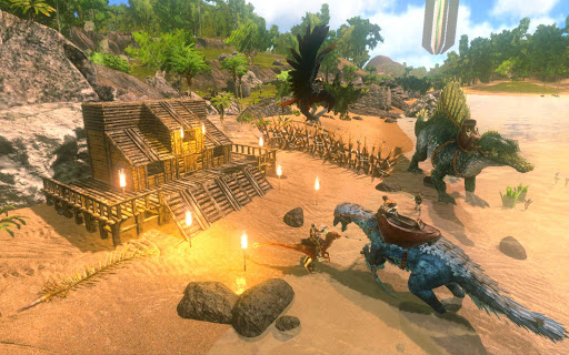 A thrilling image showing a player in ARK: Survival Evolved Mobile, surrounded by dinosaurs, evoking adventure and survival.