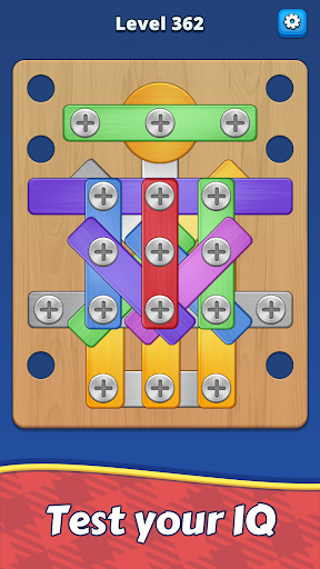 A vibrant and engaging puzzle game interface, showcasing bolts and screws, inviting users to challenge their problem-solving skills.