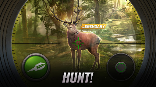 A hunter standing quietly in a lush forest, holding a rifle, intently watching a majestic deer in the distance, captured in a moment of suspense and anticipation.