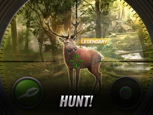 A hunter standing quietly in a lush forest, holding a rifle, intently watching a majestic deer in the distance, captured in a moment of suspense and anticipation.