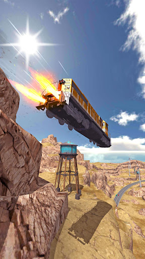 A thrilling and adventurous scene of a train soaring through the air off a ramp, capturing the excitement and daring nature of the Train Ramp Jumping Game.