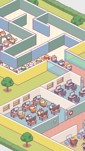 A whimsical office setting bustling with adorable cats, each with their own personality, engaging in charming antics.