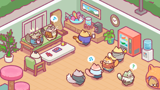 A whimsical office setting bustling with adorable cats, each with their own personality, engaging in charming antics.