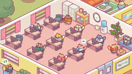 A whimsical office setting bustling with adorable cats, each with their own personality, engaging in charming antics.