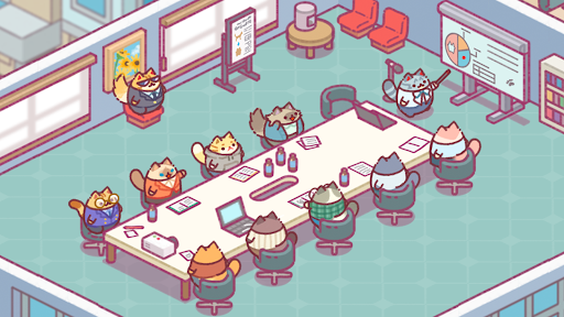 A whimsical office setting bustling with adorable cats, each with their own personality, engaging in charming antics.