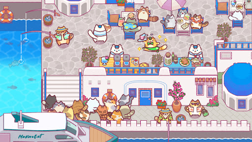 A playful scene of cats joyfully managing a bustling snack bar, evoking feelings of happiness and creativity.