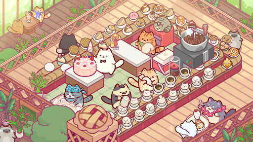 A playful scene of cats joyfully managing a bustling snack bar, evoking feelings of happiness and creativity.