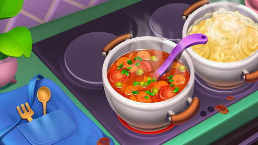 A vibrant and bustling kitchen filled with colorful dishes, symbolizing the excitement and challenge of mastering culinary skills in a mobile game.