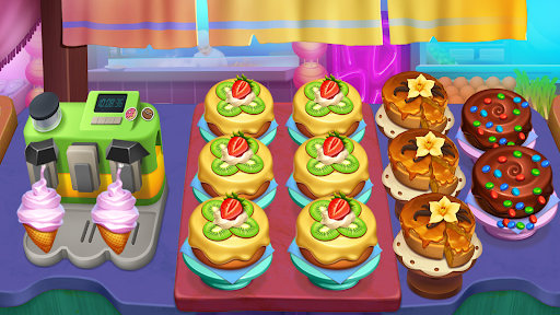 A vibrant and bustling kitchen filled with colorful dishes, symbolizing the excitement and challenge of mastering culinary skills in a mobile game.