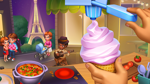 A vibrant and bustling kitchen filled with colorful dishes, symbolizing the excitement and challenge of mastering culinary skills in a mobile game.