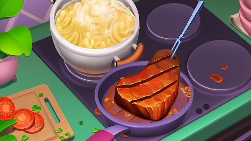 A vibrant and bustling kitchen filled with colorful dishes, symbolizing the excitement and challenge of mastering culinary skills in a mobile game.