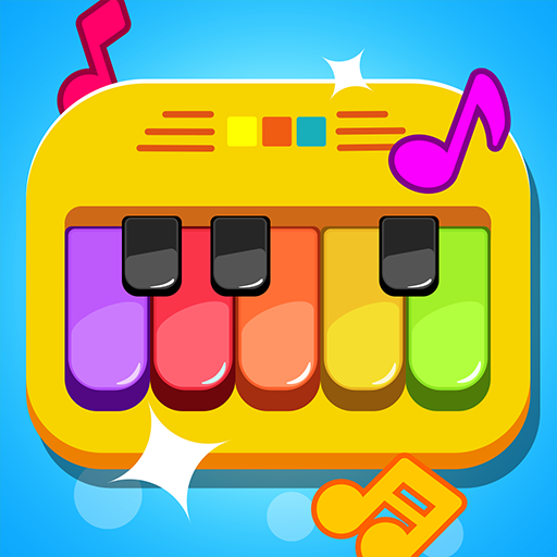 Joyful toddler playing with a colorful educational app, surrounded by musical notes and smiling cartoon characters.