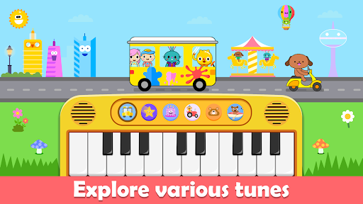 Joyful toddler playing with a colorful educational app, surrounded by musical notes and smiling cartoon characters.