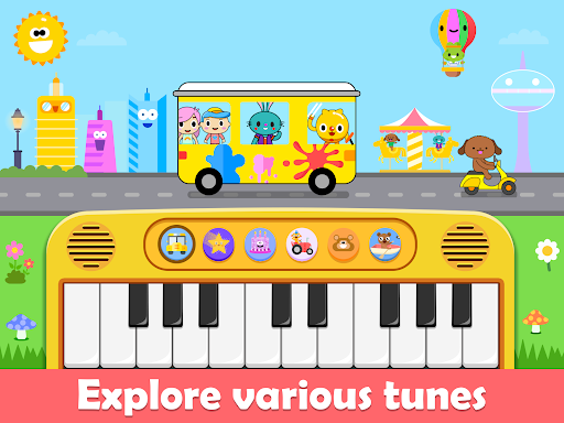 Joyful toddler playing with a colorful educational app, surrounded by musical notes and smiling cartoon characters.