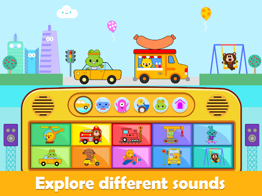 Joyful toddler playing with a colorful educational app, surrounded by musical notes and smiling cartoon characters.