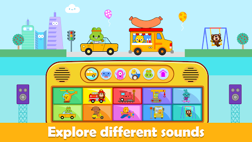 Joyful toddler playing with a colorful educational app, surrounded by musical notes and smiling cartoon characters.