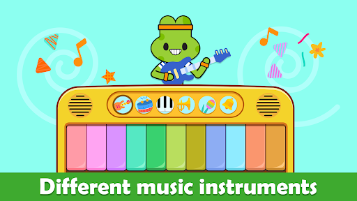 Joyful toddler playing with a colorful educational app, surrounded by musical notes and smiling cartoon characters.