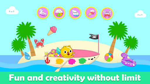 Joyful toddler playing with a colorful educational app, surrounded by musical notes and smiling cartoon characters.