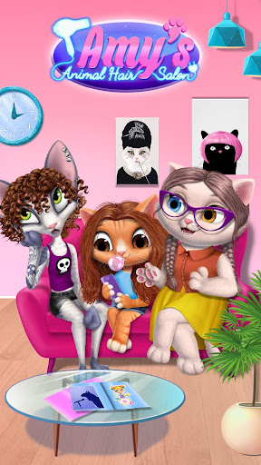 A joyful child immersed in a colorful, virtual animal hair salon, surrounded by smiling animals awaiting their creative makeovers.