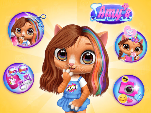 A joyful child immersed in a colorful, virtual animal hair salon, surrounded by smiling animals awaiting their creative makeovers.